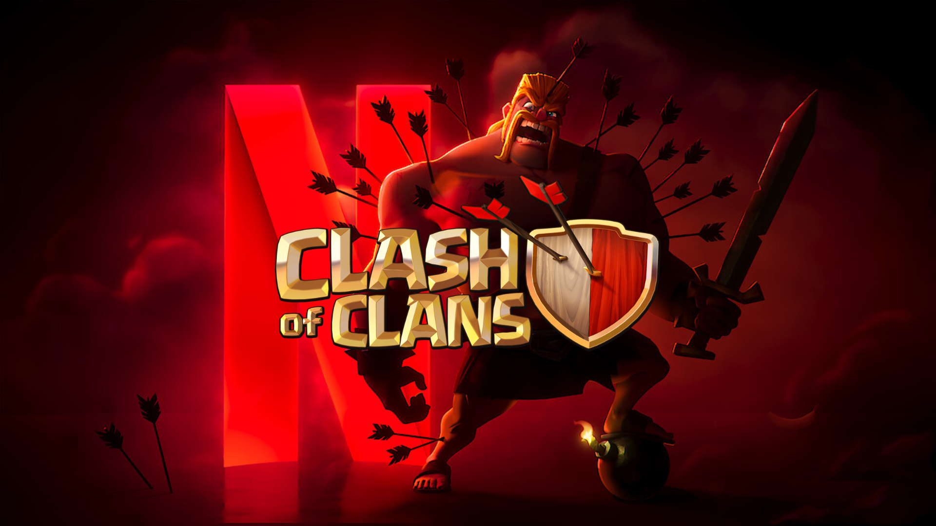 Dark red background with clouds, a large cartoon Barbarian Warrior from Clash of Clans holding a sword, with a shield on his chest and arrows piercing his body. The Clash of Clans logo is in the foreground.