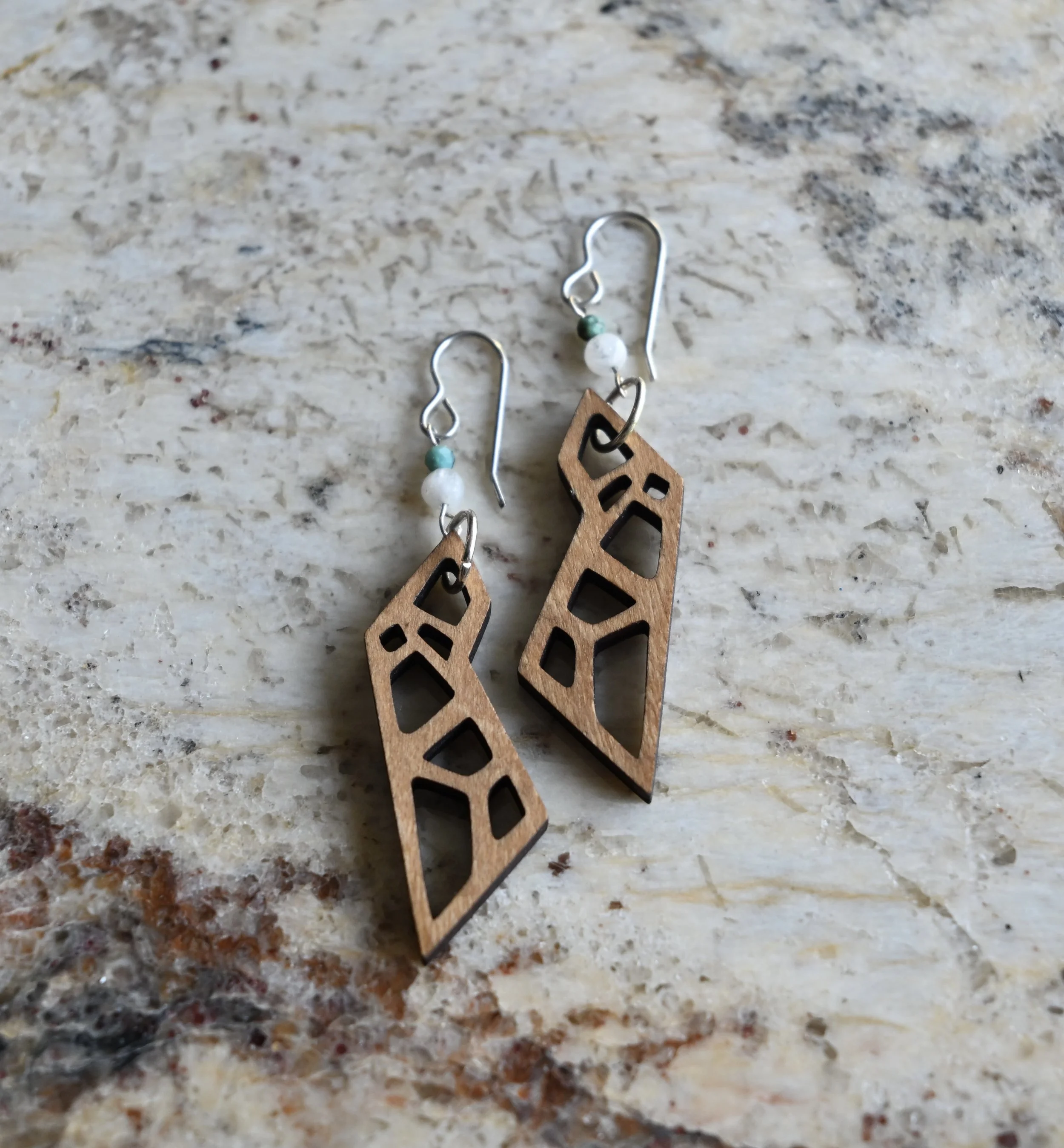 Geometric Wood Earrings with Moonstone & African Turquoise