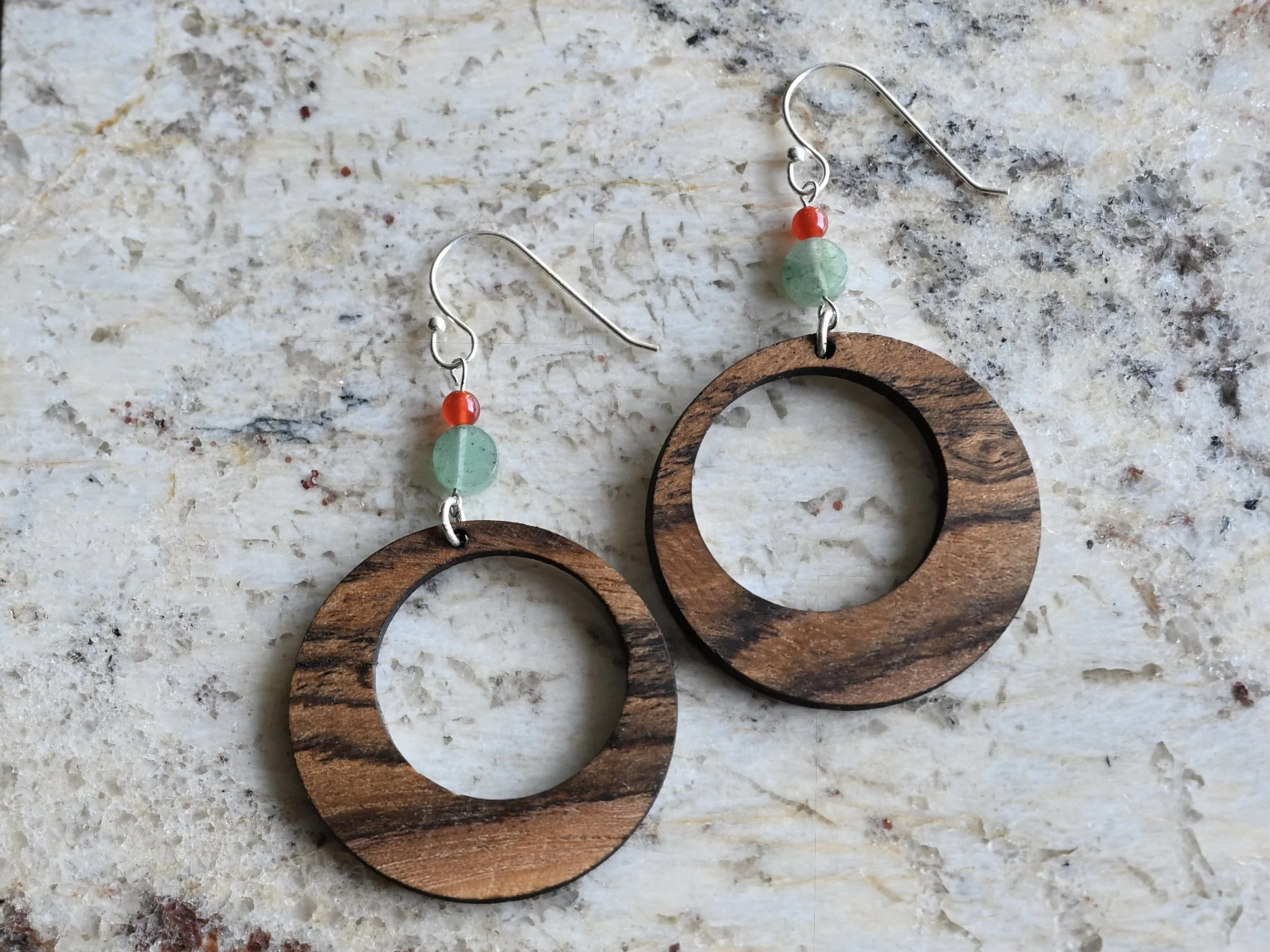 Bocoté Wooden Hoops with Green Chalcedony and Cornelian stone beads