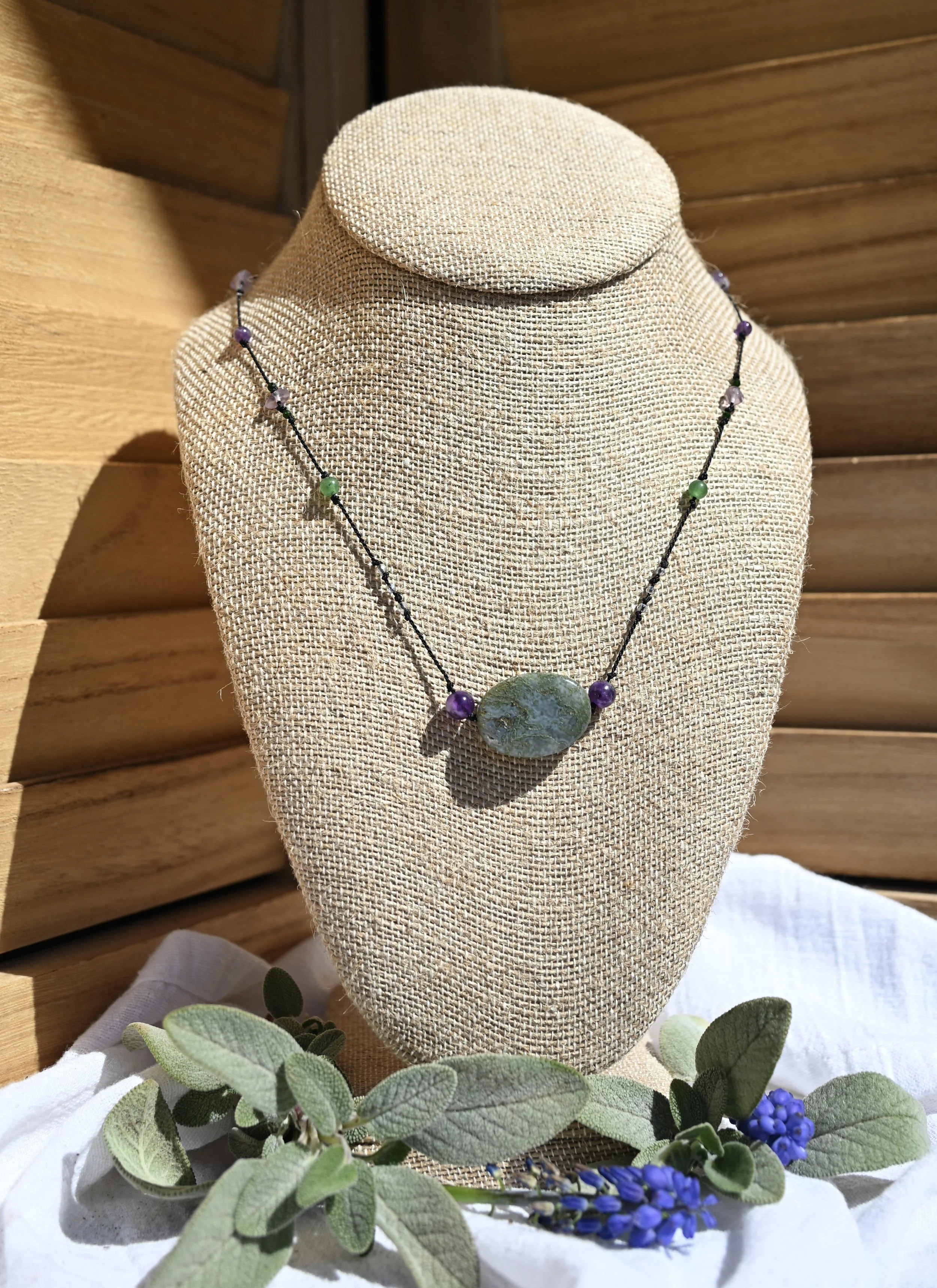 Hand knotted Green and Purple Moss Agate with Amethyst accent beads