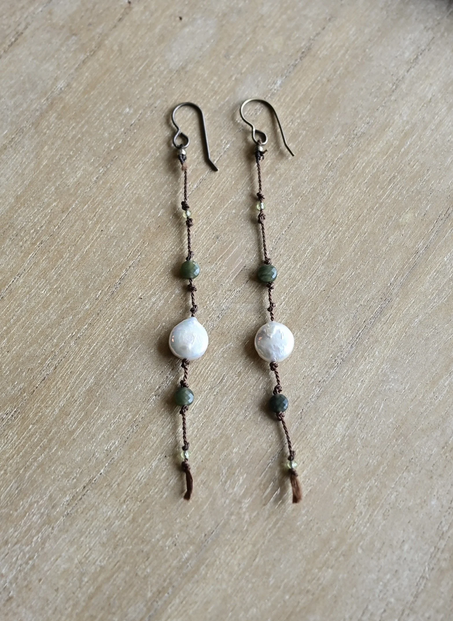 Pearl with Jade and Peridot on hand-knotted Silk Earrings