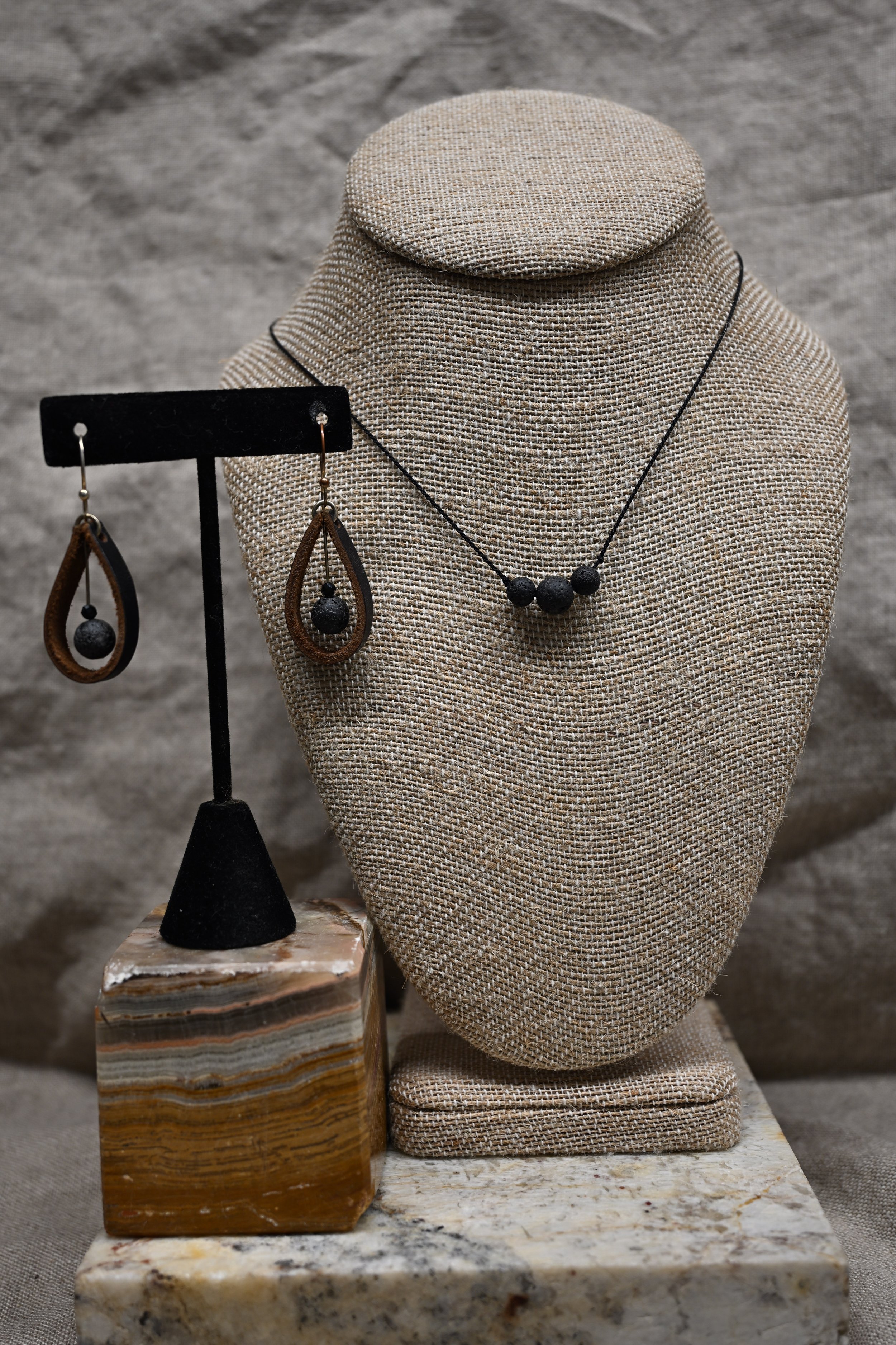 Lava Stone & Black Agate necklace and earring set