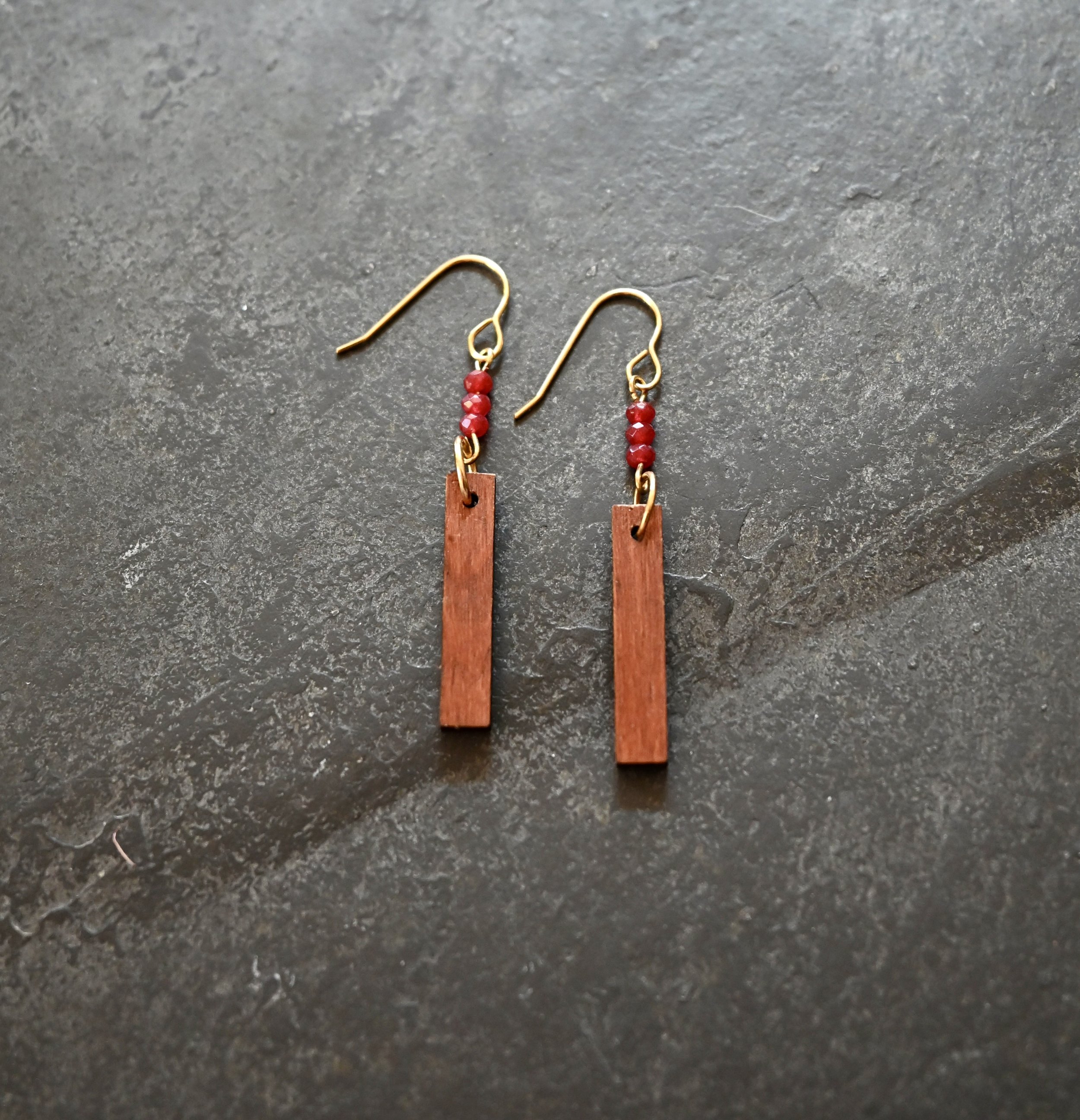 Ruby and Wood Dangle Earrings