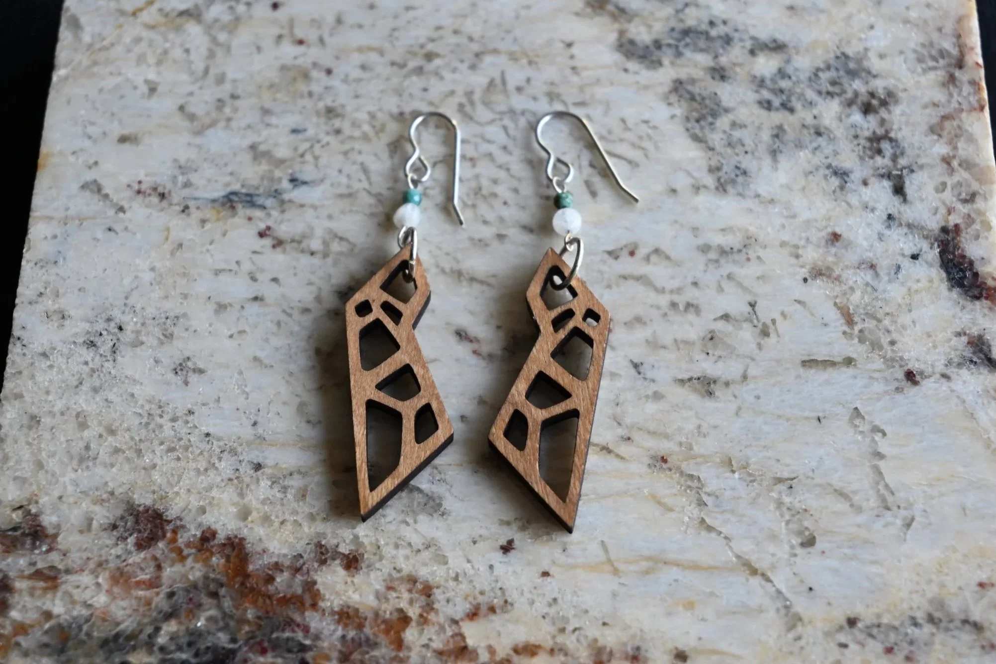 Wooden Geometric Polygon Earrings with Moonstone & Turquoise