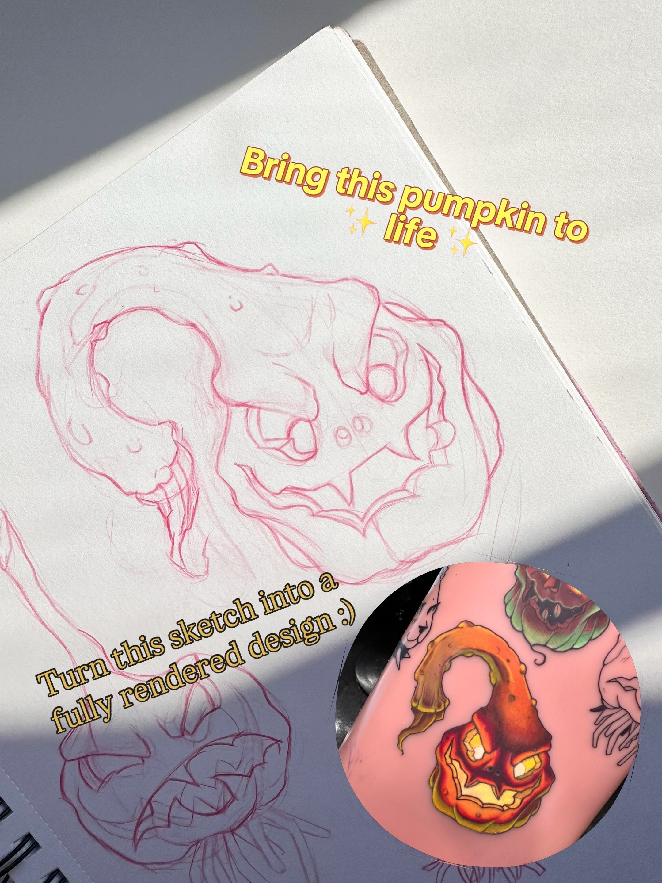 Turn this sketch of a glowing pumpkin into a fully finished color tattoo! I&rsquo;m still learning the tricks behind making things glow, and it&rsquo;s been a fun experiment for sure ☺️. 

If you have been seeing my tattoos and want to get one yourse
