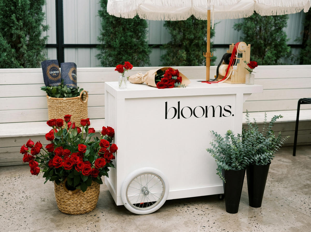 A white flower cart with the word "blooms" on the side, decorated with red roses, potted ferns, and a bouquet of roses wrapped in paper, set against a backdrop of white benches and green trees.
