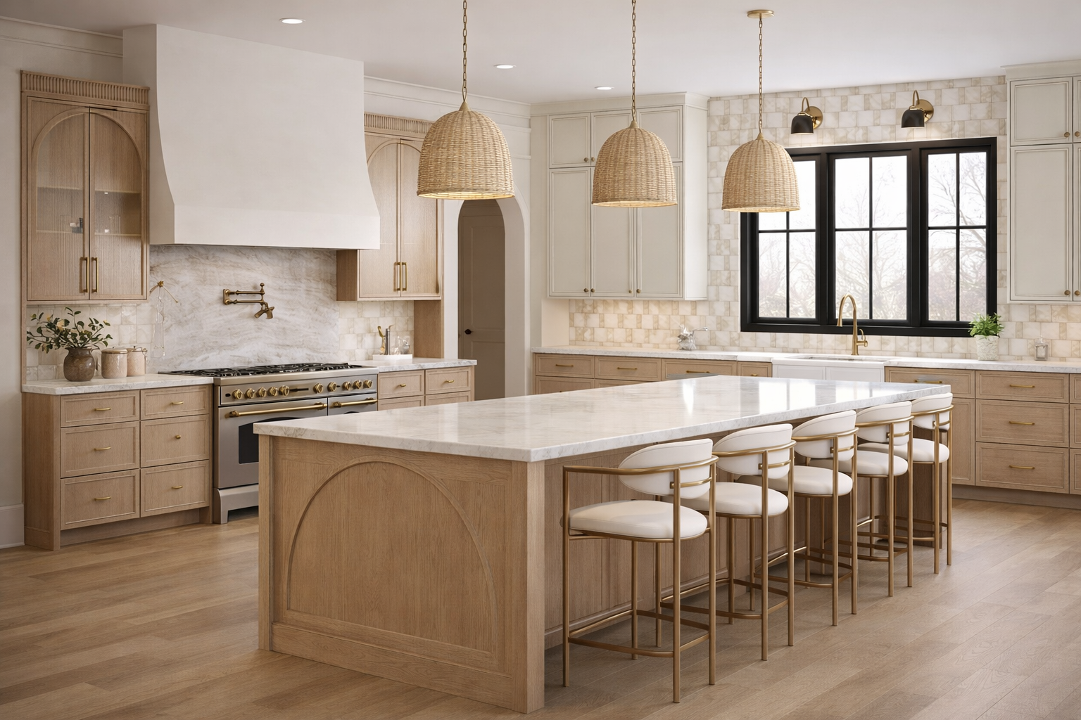 Bright kitchen with light wood cabinets, a large island with white countertop, gold accents, a black-framed window, and natural decor.