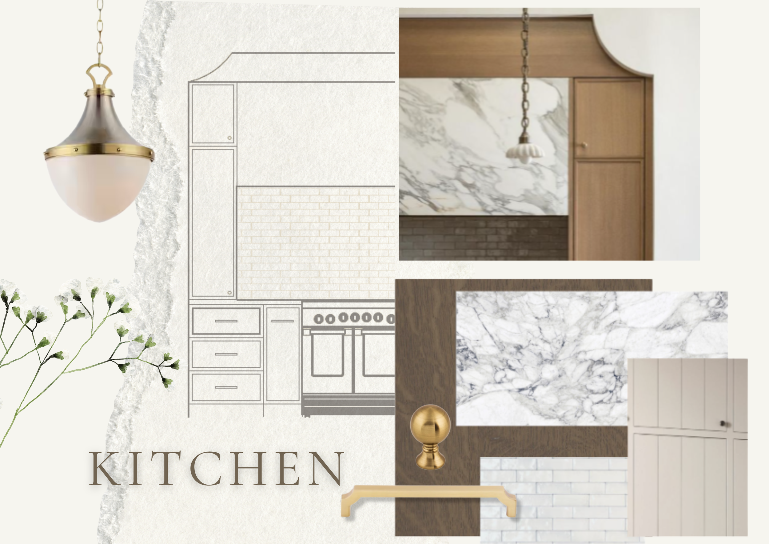 Collage of kitchen design elements including lighting fixtures, cabinet sketches, and various marble and wood textures.