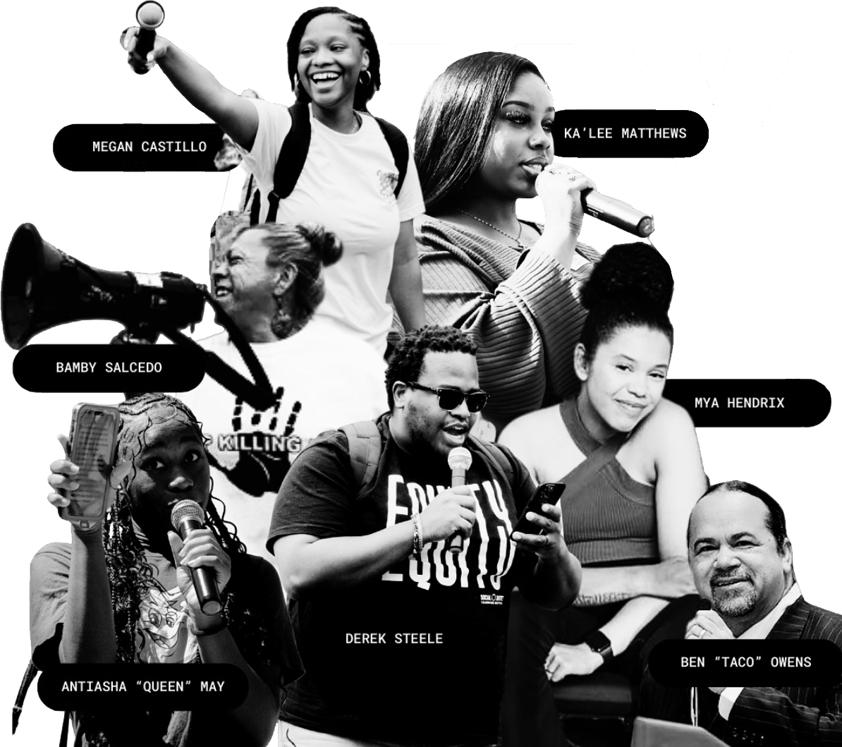 Collage of seven Black individuals with labels: Megan Castillo, Ka'Lee Matthews, Bamby Salcedo, Mya Hendrix, Antiasha 'Queen' May, Derek Steele, and Ben 'Taco' Owens, some holding microphones or speaking.