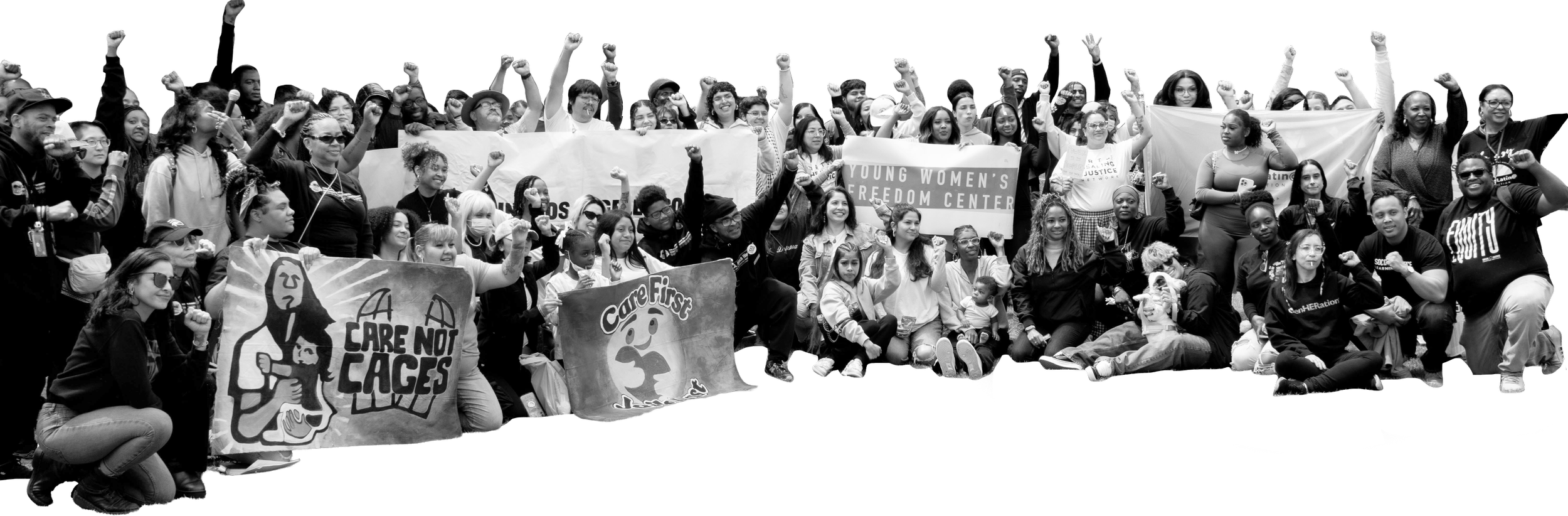 Group of diverse women and girls protesting, holding banners and raising fists, in support of social justice, equality, and women's rights.
