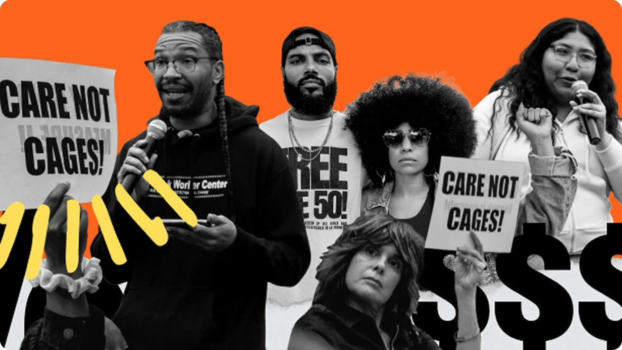 A diverse group of people protesting with signs that say "Care Not Cages". The background is orange, and some handwritten yellow doodles are present.