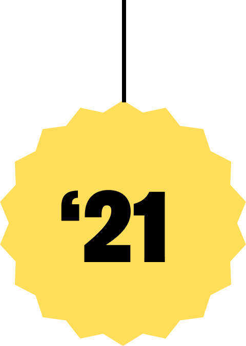 Number 21 inside a yellow starburst shape.