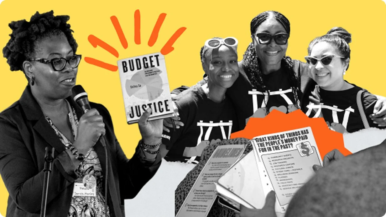 Group of women holding books and smiling at a table, with a woman speaking into a microphone. The background is yellow with a graphic of a budget and justice icon.
