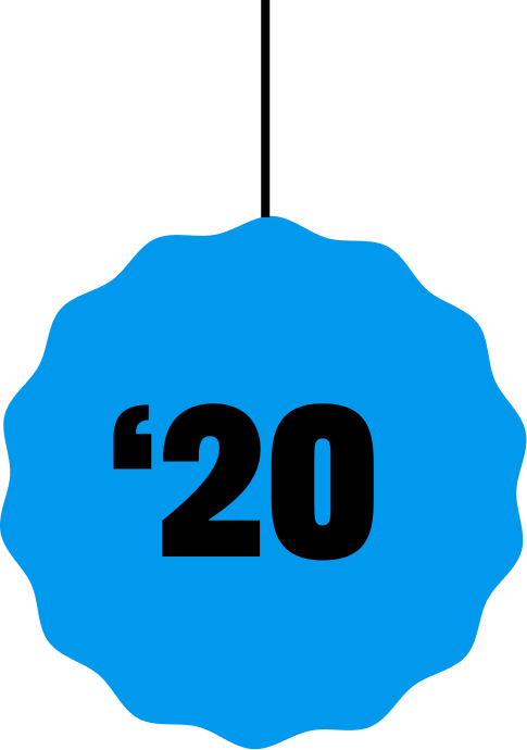 Blue badge with the number 20 and quotation marks.