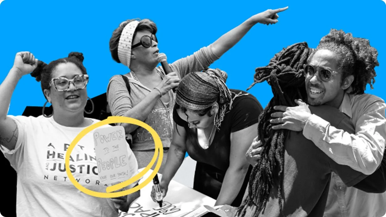 Group of diverse women at a rally or protest, with one woman holding a sign that says "Power to the People," another woman speaking into a microphone, one woman raising her fist, and another hugging a person with long dreadlocks, all set against a bright blue background.
