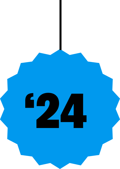 Blue badge with the number 24 in black and quotation marks.