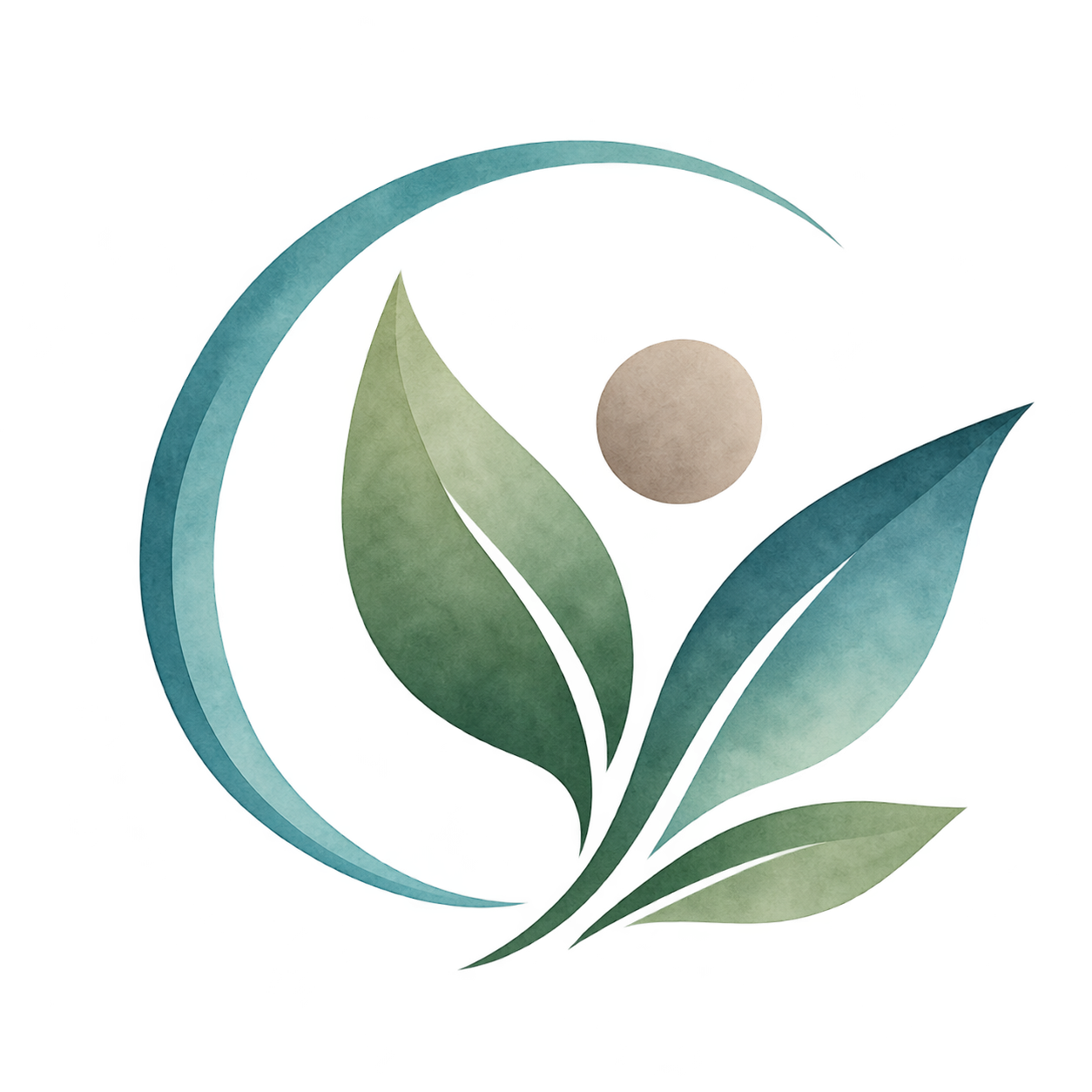 A logo featuring a stylized sunflower with green and blue leaves, a beige center, and a blue circular element around it.