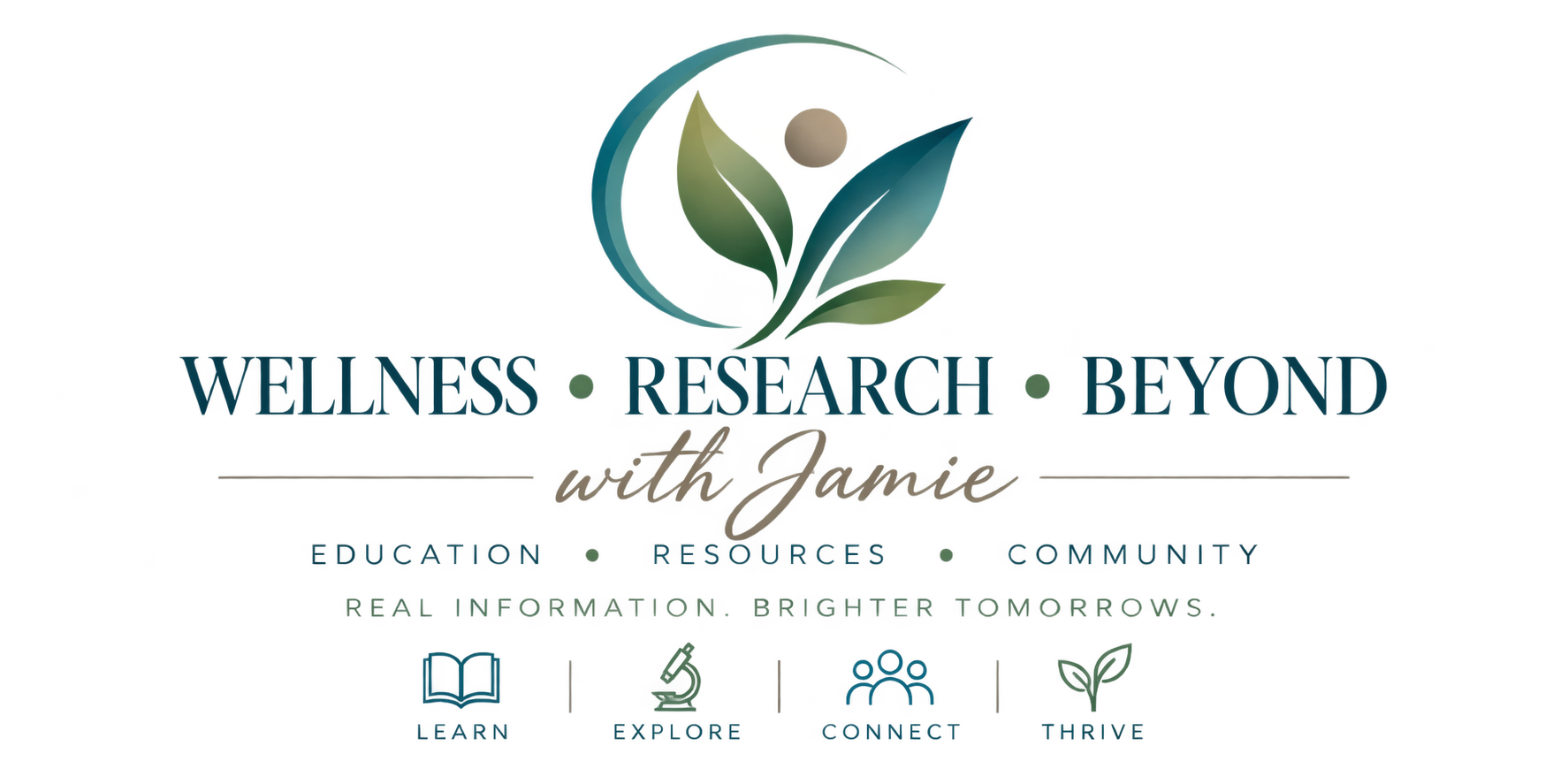 Wellness, Research & Beyond with Jamie logo featuring a teal and gold leaf design, representing wellness, education, research, and community.
