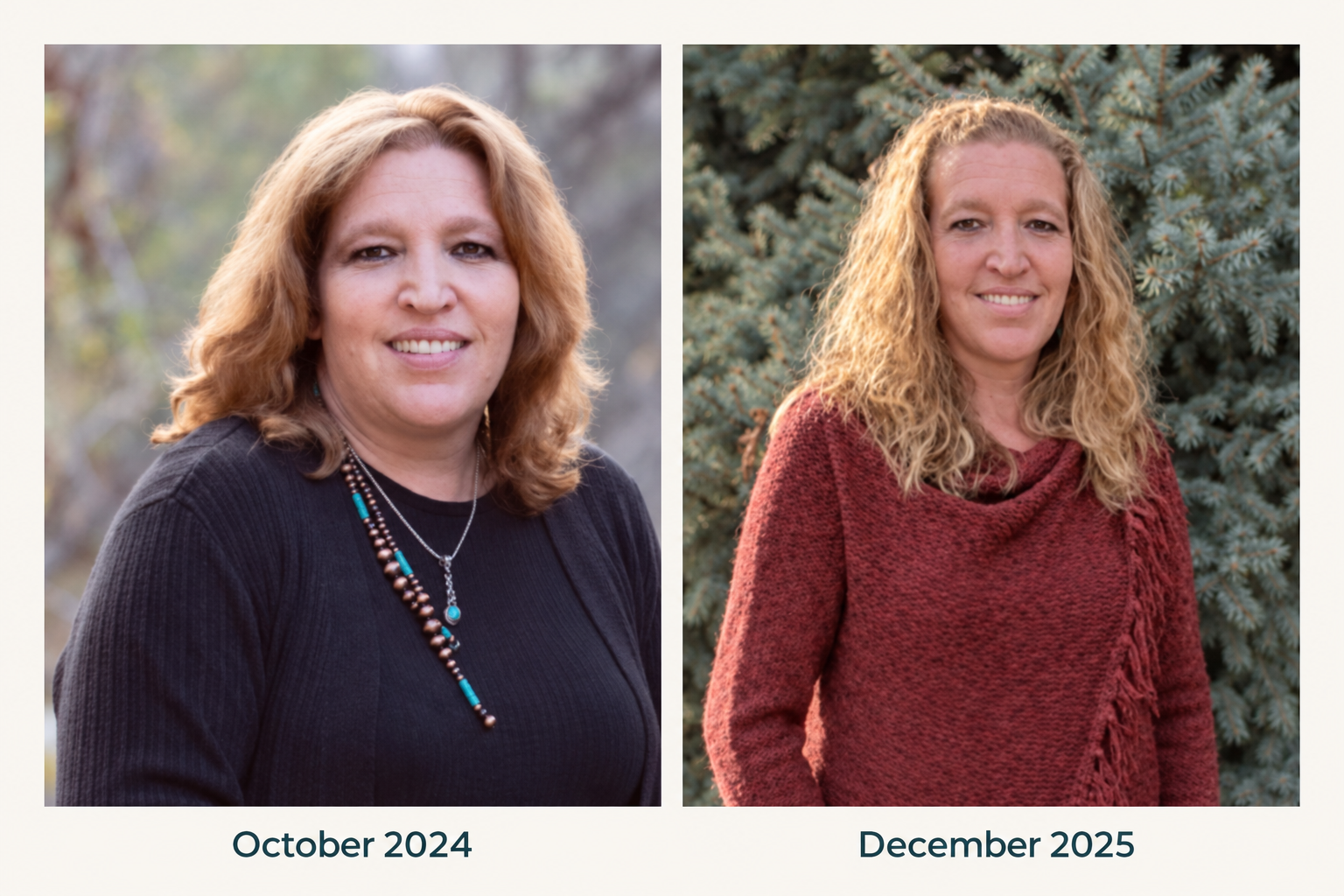 Before-and-after photos of Jamie showing her personal weight loss transformation and wellness journey.