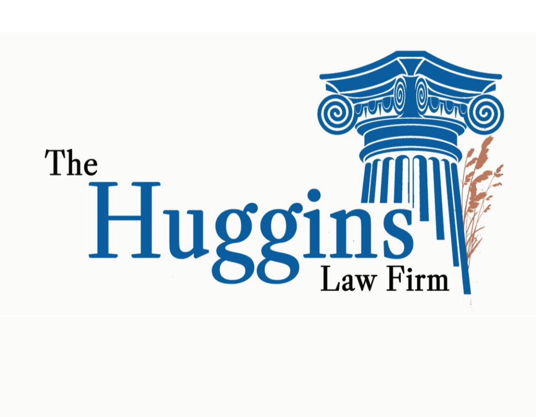 Logo for The Huggins Law Firm featuring a stylized blue classical column and the firm name in blue and black text.
