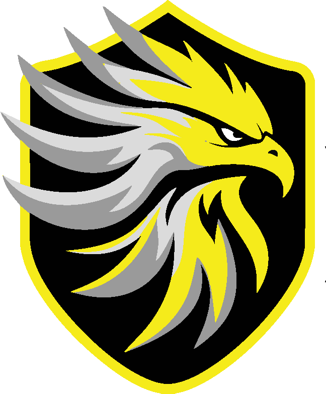 Graphic of a stylized eagle head in yellow, gray, and black within a yellow shield outline.