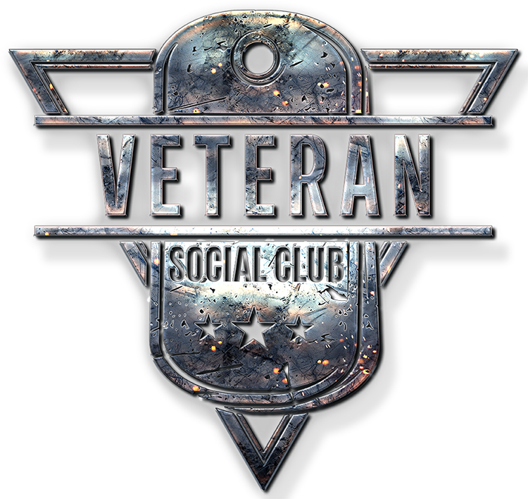 Metallic emblem with the text 'Veteran Social Club' and three stars, featuring a distressed, weathered look with scratches and sparks on a black background.