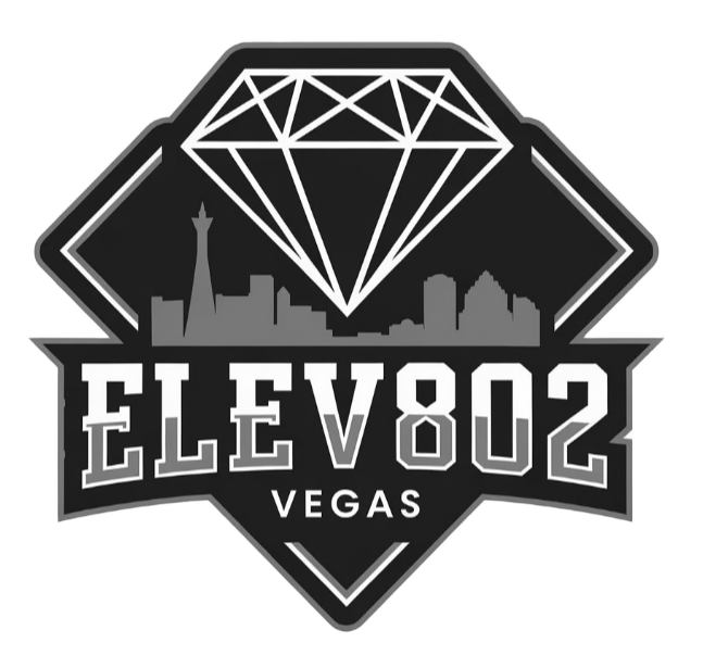 Logo with a diamond above a city skyline and the text 'Elev 802 Vegas' in bold letters.