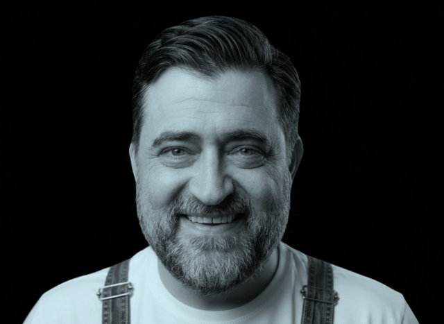 Black and white portrait of a smiling man with a beard and mustache, wearing a white shirt and denim overalls.