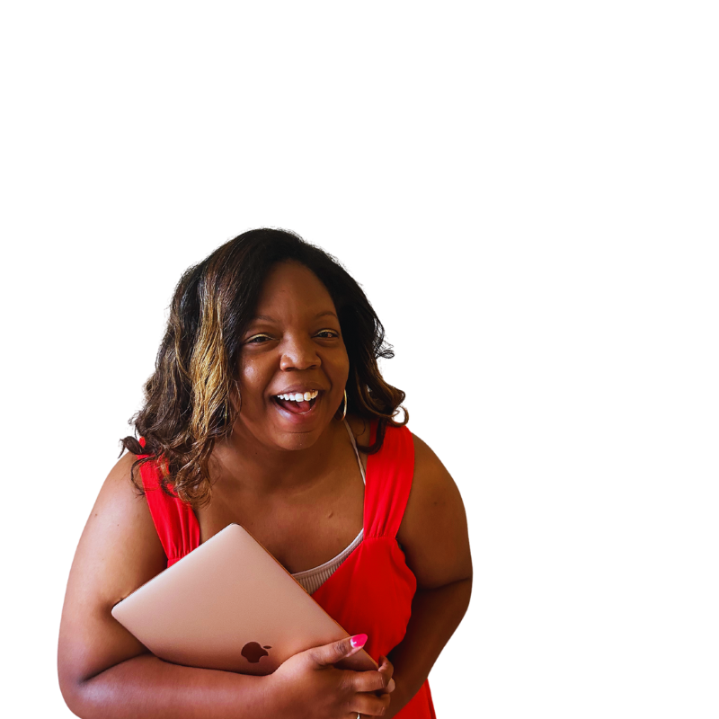 Smiling woman in red dress holding a closed laptop