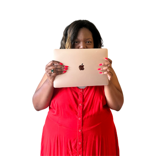 A woman in a red dress holding an Apple MacBook laptop in front of her face, revealing only her eyes and hands with red nail polish, against a black background.