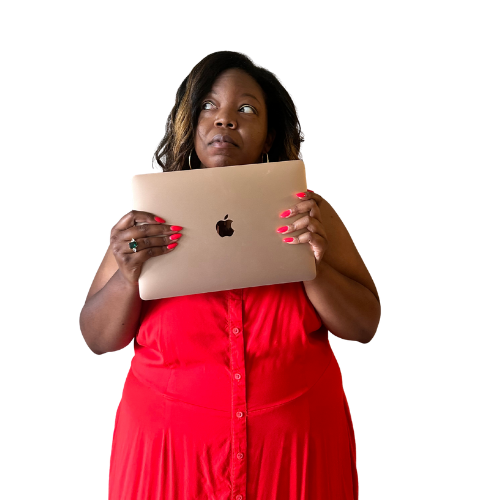 A woman wearing a red dress holding a laptop with an Apple logo, looking to the side with a curious expression.