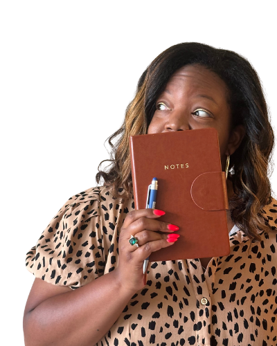 A woman with curly hair and red nail polish holds a brown notebook labeled "Notes" and a pen, appearing thoughtful.