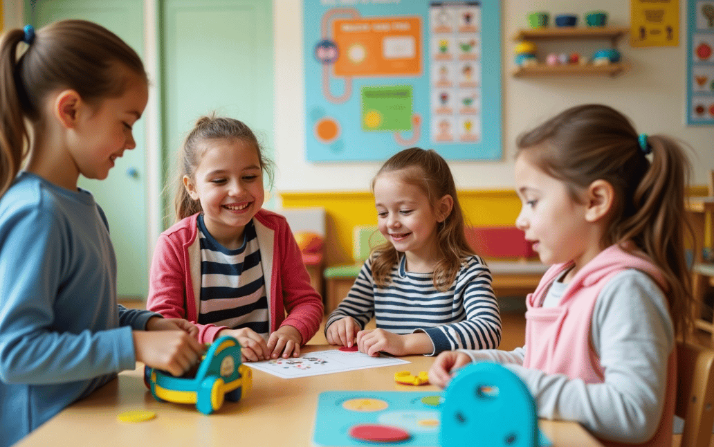 Four young girls playing board game together in a colorful classroom.