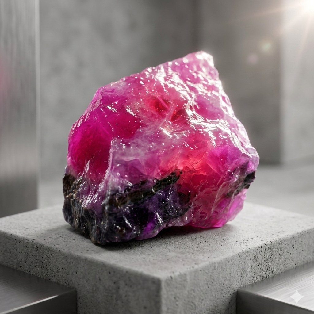 Close-up of a large pink sugilite mineral or gemstone on a gray display stand.