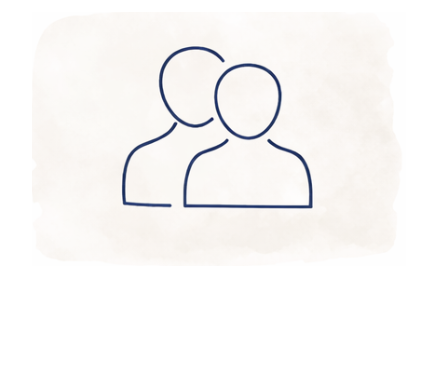 Line drawing of two people, one slightly behind the other, with oval heads and simple outlines of their shoulders.