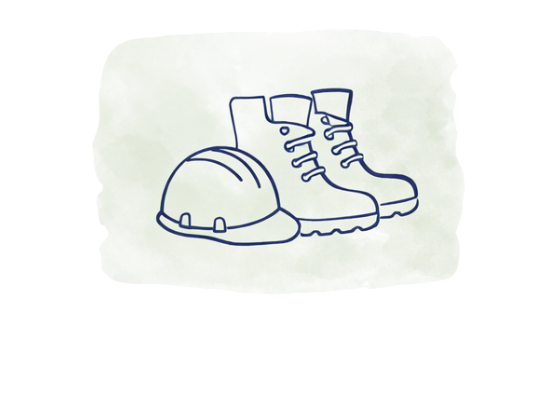 Line drawing of a construction helmet and a pair of work boots.
