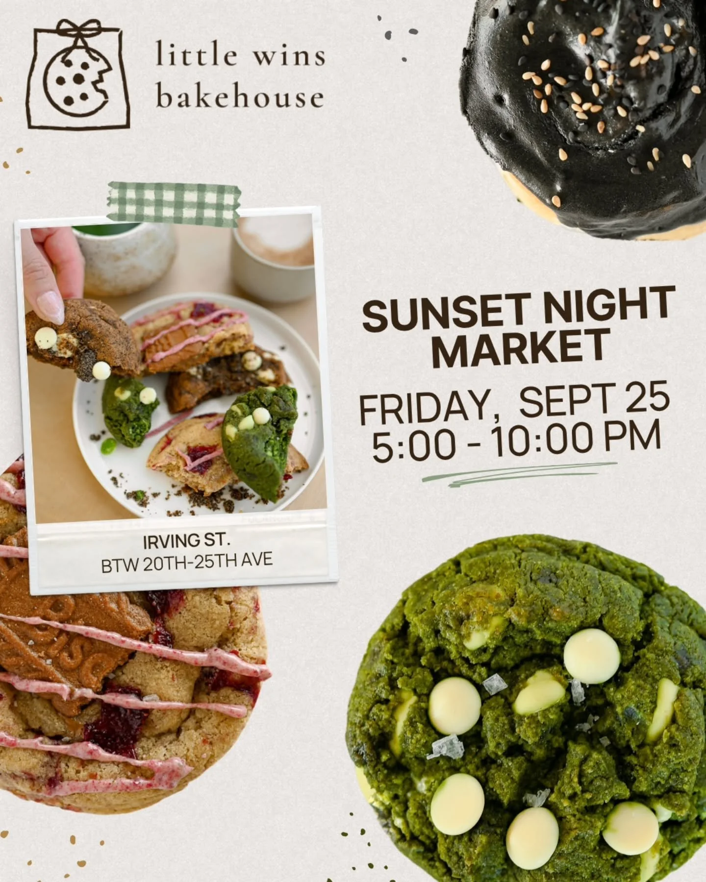 little wins will be at the sunset night market autumn moon festival THIS FRIDAY with a full lineup of cookies and a very limited quantity of our black sesame rolls. swipe for the menu!

🕔 this friday, sept 25th, 5 - 10pm
📍 irving st. between 20th -