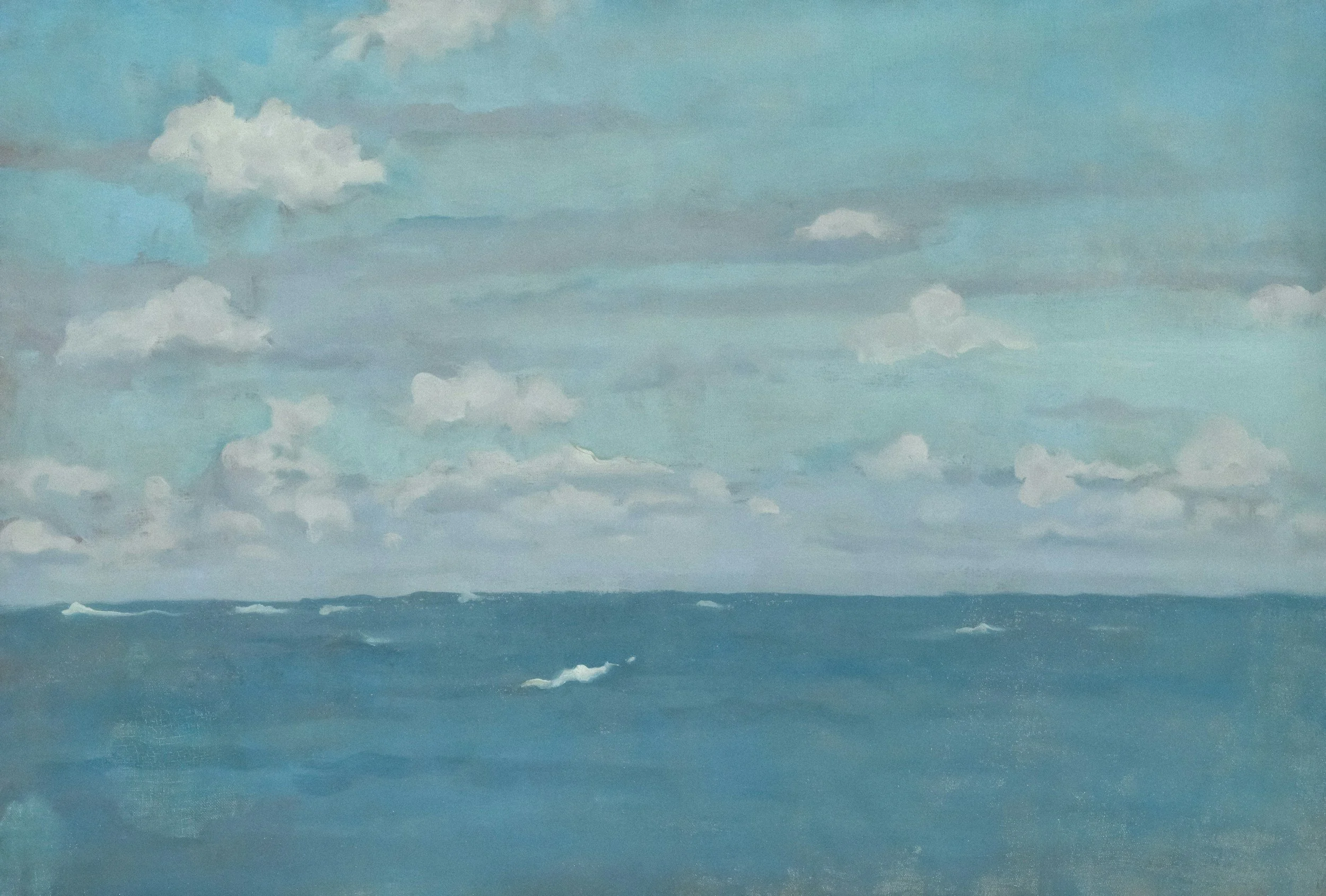 A watercolor painting of a seascape with waves and a cloudy sky.