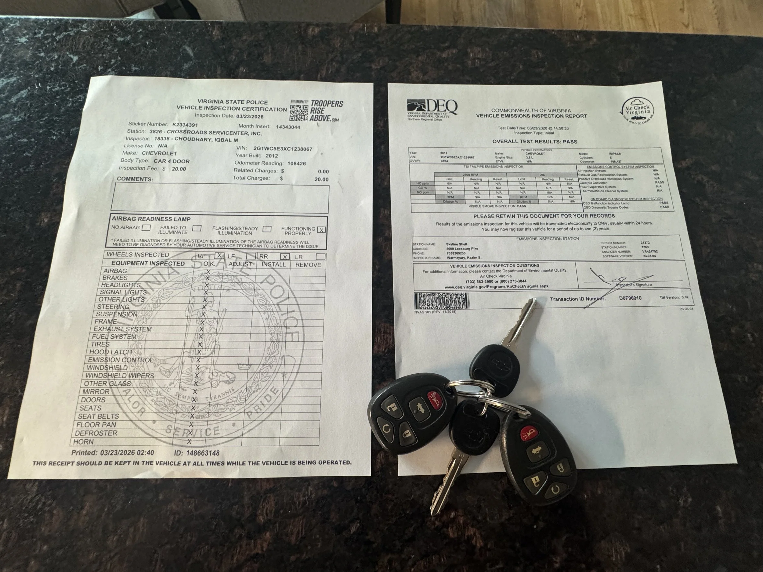 Fresh VA safety & emissions inspections; two sets of keys