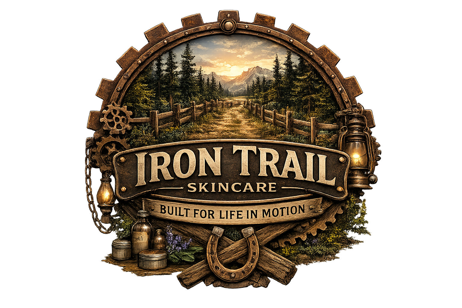 Iron Trail Skincare logo on a rustic outdoor landscape inspired by the Pacific Northwest.