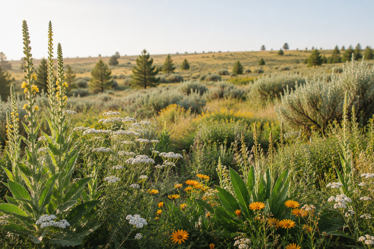 Mullein, yarrow, and arrowleaf balsamroot growing in a wild mountain field.