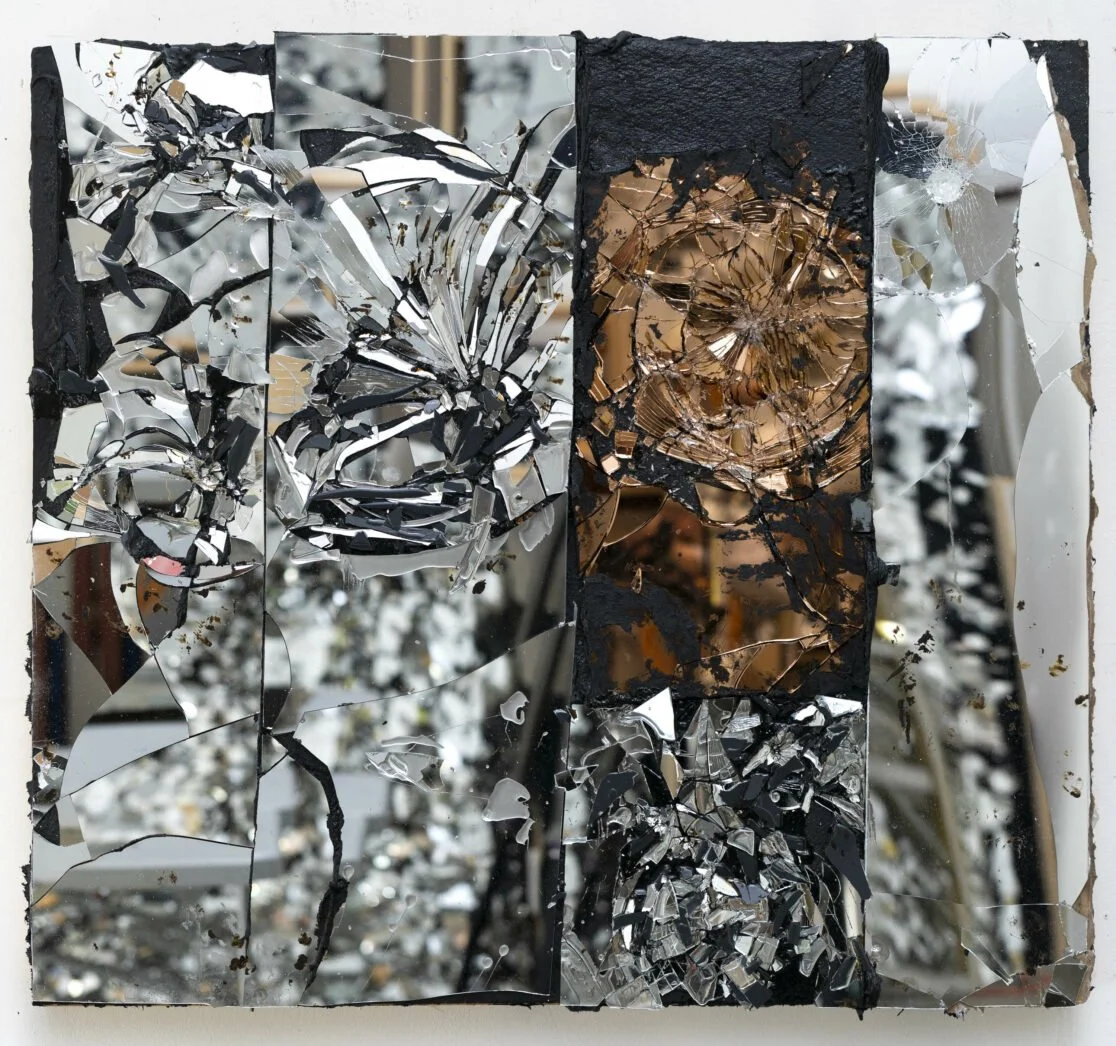 Pink Moon (For Astrid), 2022, Tar, resin, oil, mirror on birch ply, 43.5 x 32 x 25 inches
