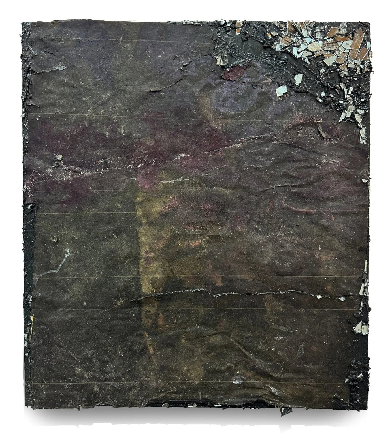 The Heavens Above and the Earth Below III, 2024, Mirrored glass, tar paper silicone, resin, and acrylic on wooden panels, 34.5 x 30 x 2 inches