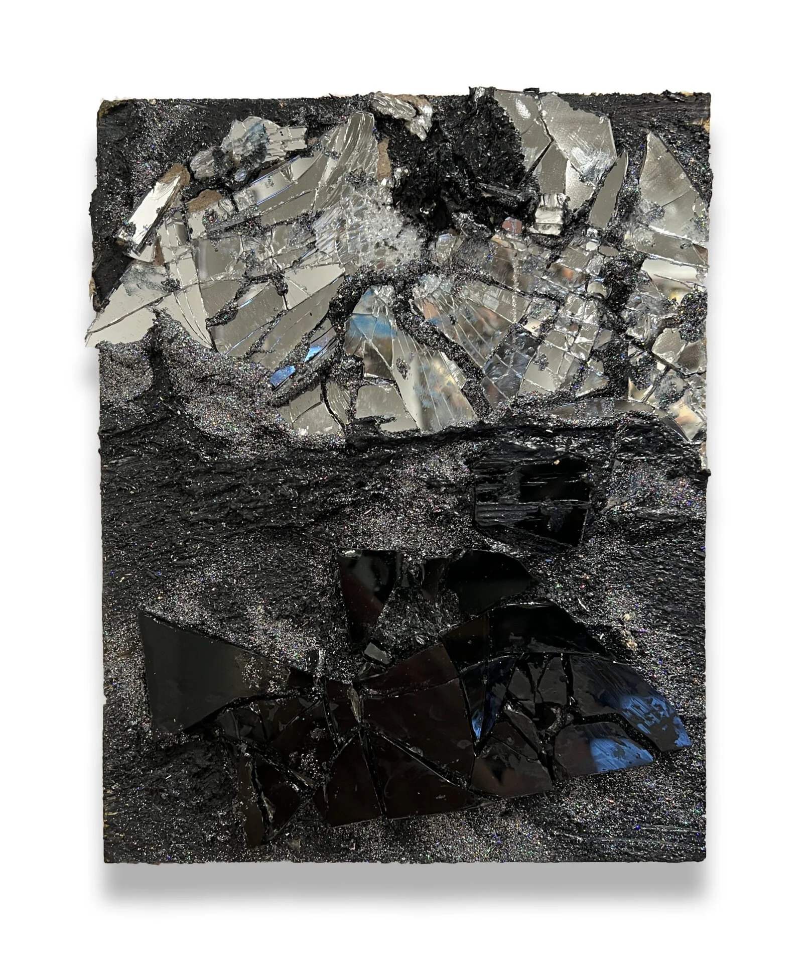 The Heavens Above and the Earth Below I, 2024, Mirrored glass, tar paper silicone, resin, and acrylic on wooden panels, 36.5 x 35 x 2 inches