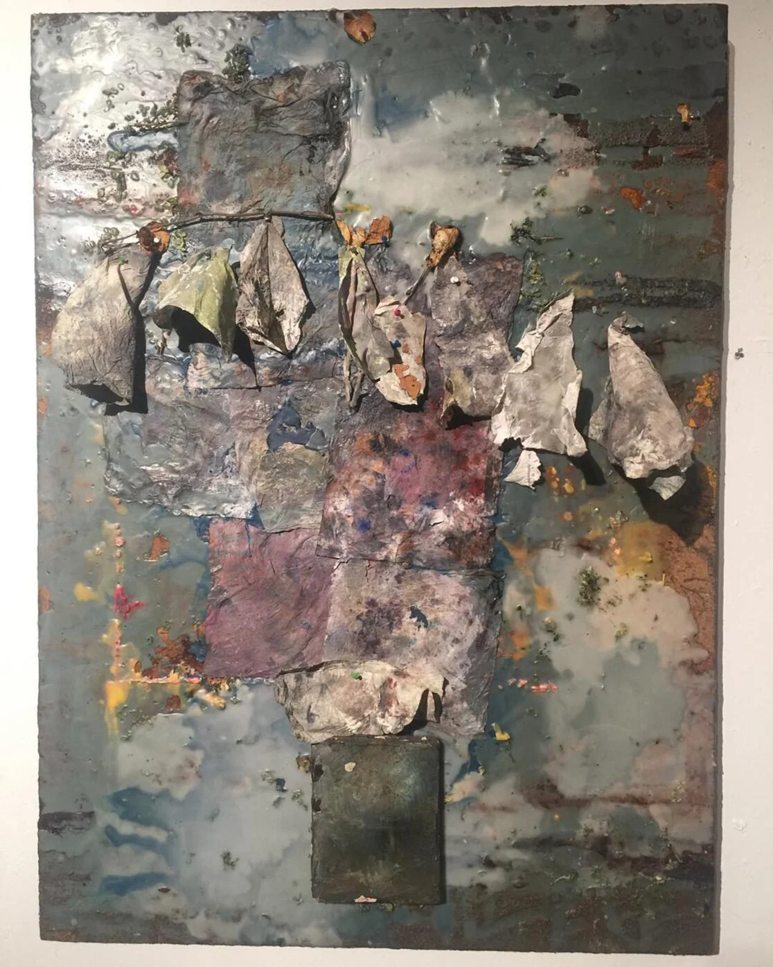 Elegy for Elaine de Loach, 2017, Encaustic and mixed media on birch panel, 60 x 56 inches