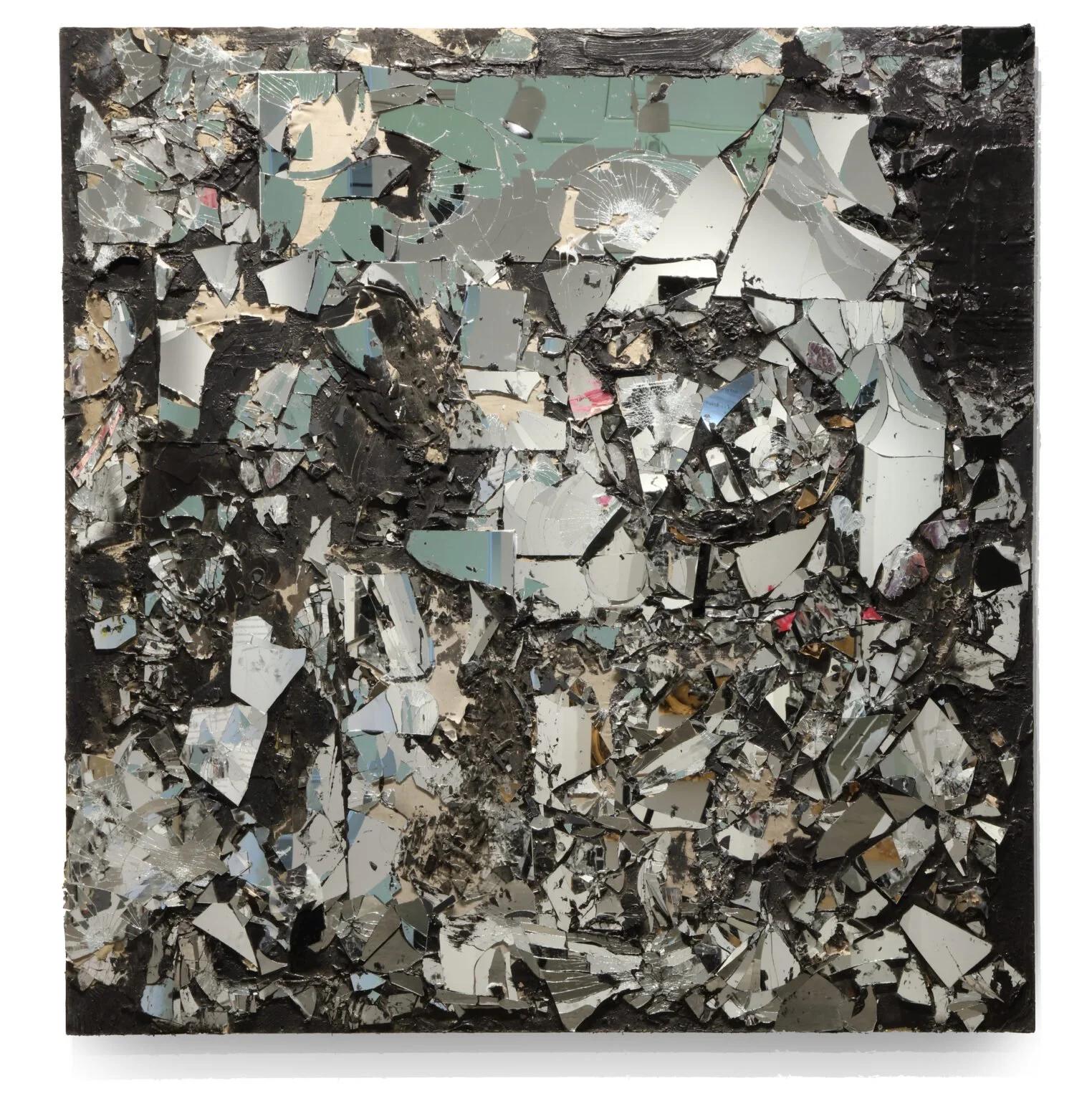 Self Portrait as an Old and Young Man, 2023-24, 
Mirrored glass, silicone, resin, and acrylic on wooden panels, 62 x 65 x 4 inches
