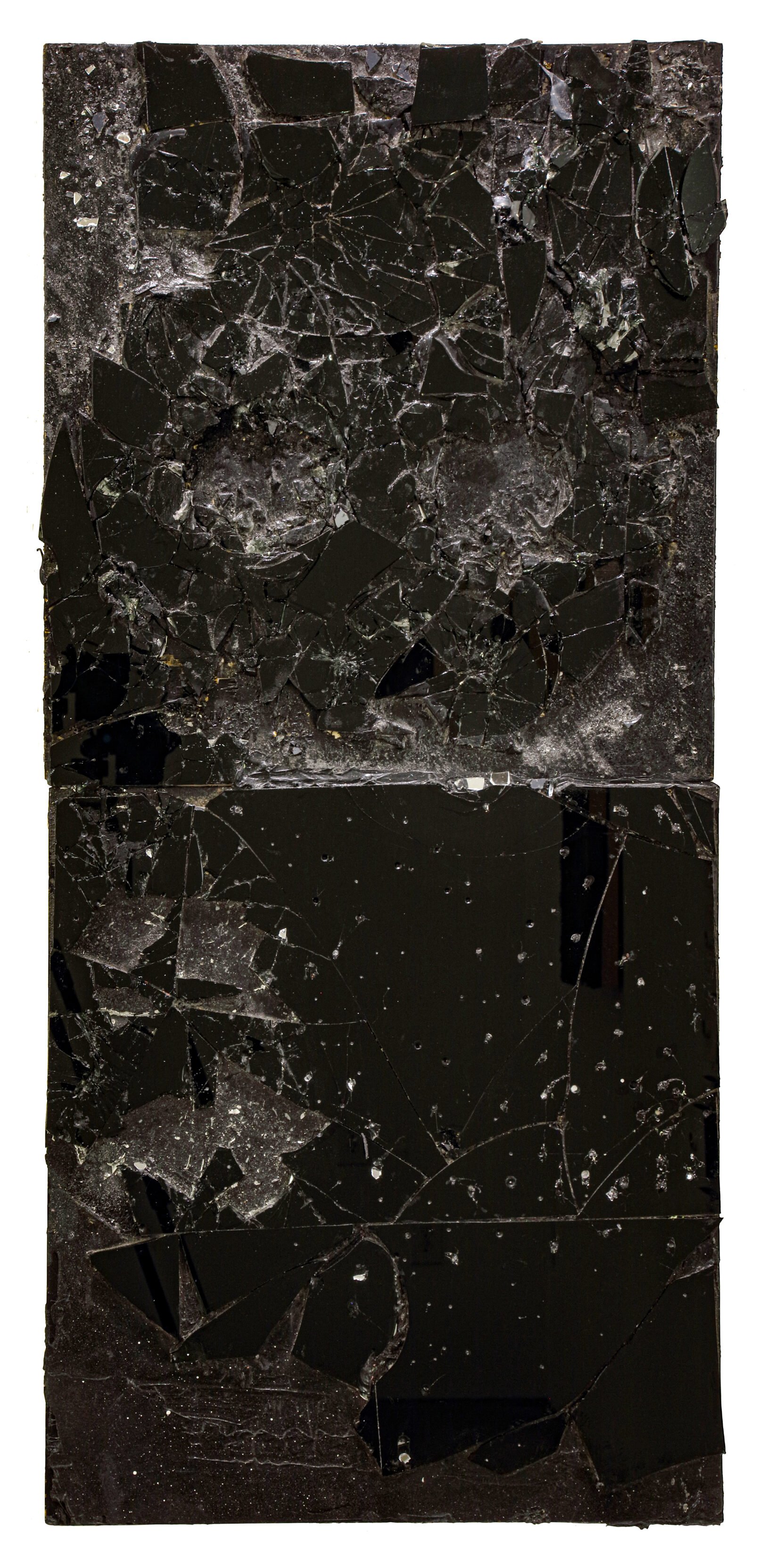 Bullet Holes in the Night Sky, 2024, Black mirrored glass, silicone and resin on wooden panels, 54.5 x 25 x 2 inches