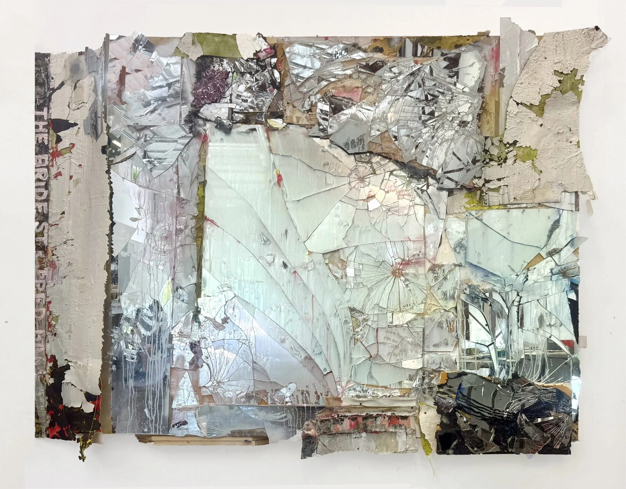 The Bride Stripped Bare, 2015-2025, Mirrored glass, silicone, wax, acrylic, and resin on wooden panels, 93 x 70 x 5 inches