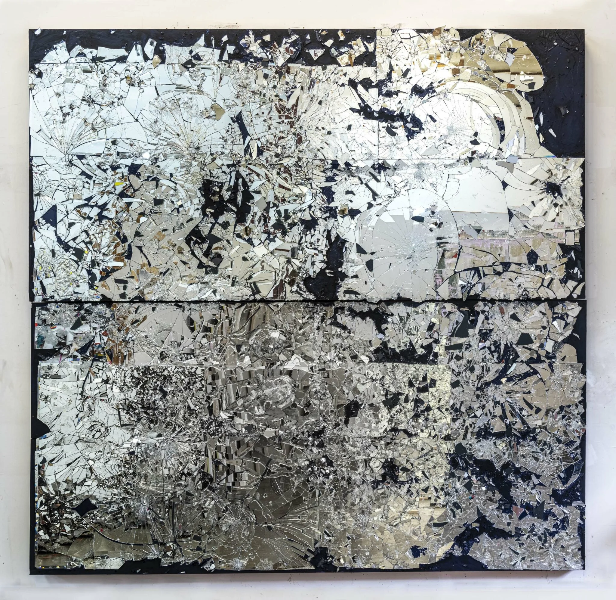 A Day in the Life, 2022 Tar, resin, oil, mirror on birch ply 96 x 96 inches 