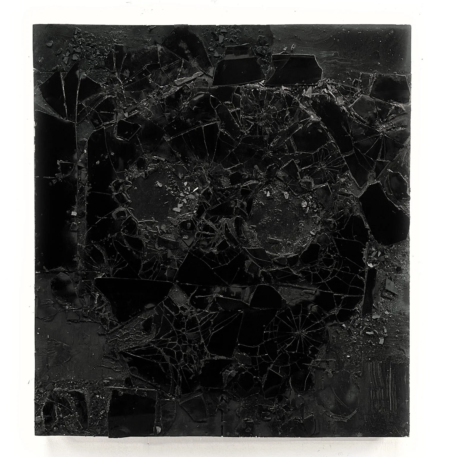 Black Vanitas IIV, 2024, Black mirrored glass, silicone and resin on wooden panels,  52.5 x 48 x 4 inches